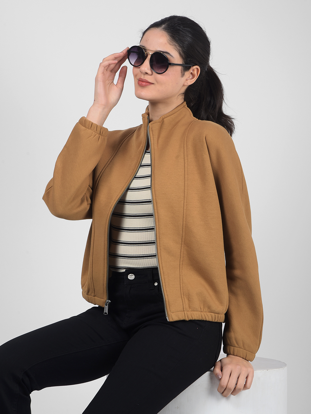 Numero Uno Women Dark Tan Mock Neck Sweatshirts